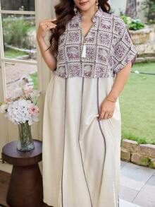 Al Najma 藍色大尺碼女款土耳其阿拉伯傳統長款卡夫坦洋裝，拼接對比色鏤空刺繡，寬鬆優雅日常穿搭蝙蝠袖短袖百搭長裙 - 藕粉色 - 查看 3