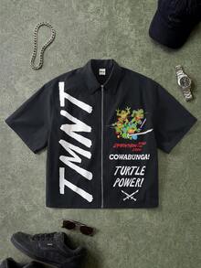 TEENAGE MUTANT NINJA TURTLES | SHEIN Men's Summer Casual Cartoon Letter Print Shirt - Black - View 1