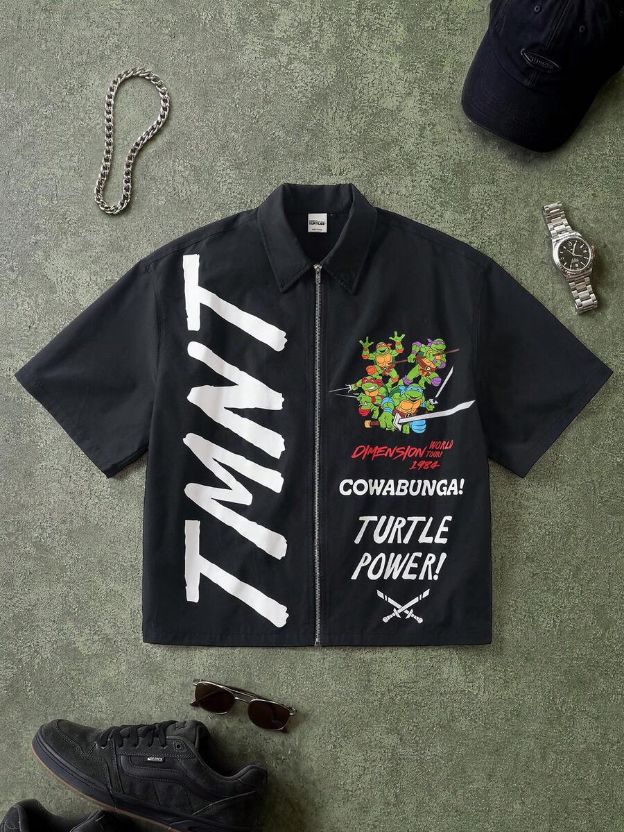 TEENAGE MUTANT NINJA TURTLES | SHEIN Men's Summer Casual Cartoon Letter Print Shirt - Black - View 1