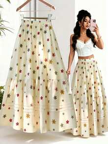 GlowEve Jupe décontractée à taille élastique, à deux volants, style floral coloré, pour le printemps/été. Idéale pour les vacances pour les femmes - Multicolore - Voir 4