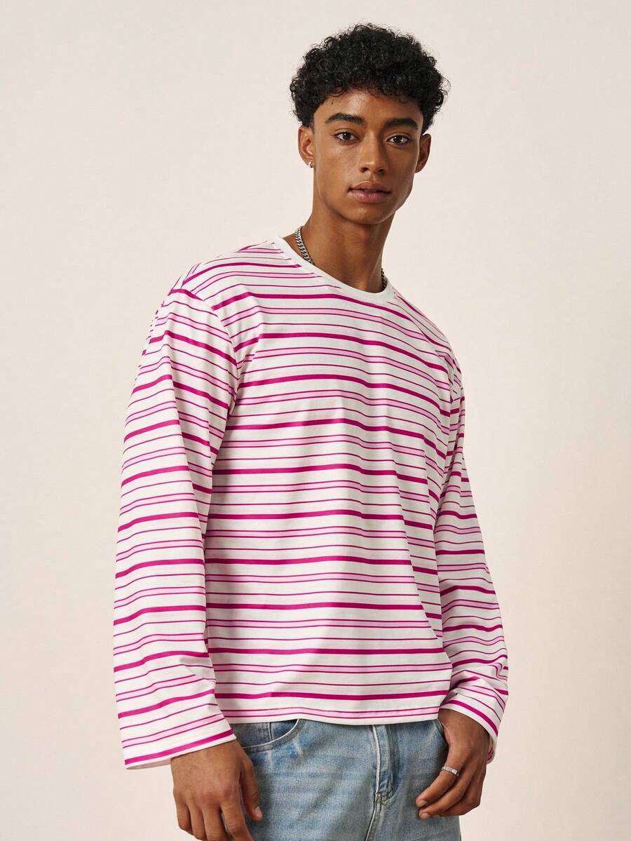 TOKVUE Men's Crew Neck Loose Fit Contrast Color Striped Print Patchwork Raglan Sleeve Long Sleeve T-Shirt, Soft And Comfortable Fabric, Versatile All-Match Style For Daily Wear, Suitable For Home Or Outdoor Activities - Pink - View 1