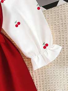 SHEIN Baby Girls' Collared Puff Sleeve 2 In 1 A-Line Dress Cherry Print Red Autumn Cute Family Matching Photoshoot Monthly Milestone Formal Sweet - Red - View 4
