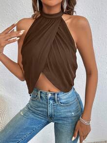 Glamine Summer Sexy Rhinestone Chain Decor Backless Halter Top Party Club Coffee Brown - Brown - View 4
