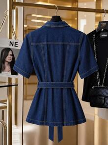 GlowEve Women's Belted Denim Short Sleeve Jacket - Dark Wash - View 2