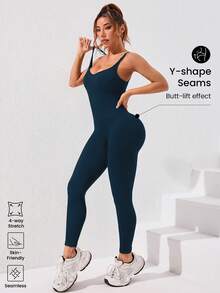 Easithlete Solid Color Flared Slim Fit Athletic Jumpsuit - Hunter Green - View 2