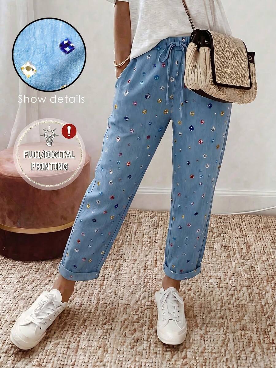 RIVANDRE Celana Panjang Wanita Kasual untuk Liburan dengan Motif Denim - Biru - View 1
