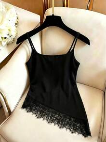 GlowEve Women's Sexy Lace Patchwork Asymmetrical Hem Cami Tank Top - Black - View 2