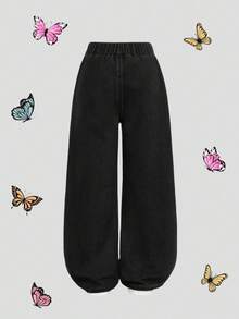 SHEIN Girlism 青少年女孩水洗蝴蝶印花直筒牛仔褲 - 黑色 - 查看 2