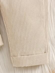 2 Piece/Set Baby Girl Pink Little Stand Collar Long Sleeve Pullover Ribbed Knit Solid Color T-Shirt Top And Apricot Corduroy 3D Flower Pocket Adjustab - Beige - View 8