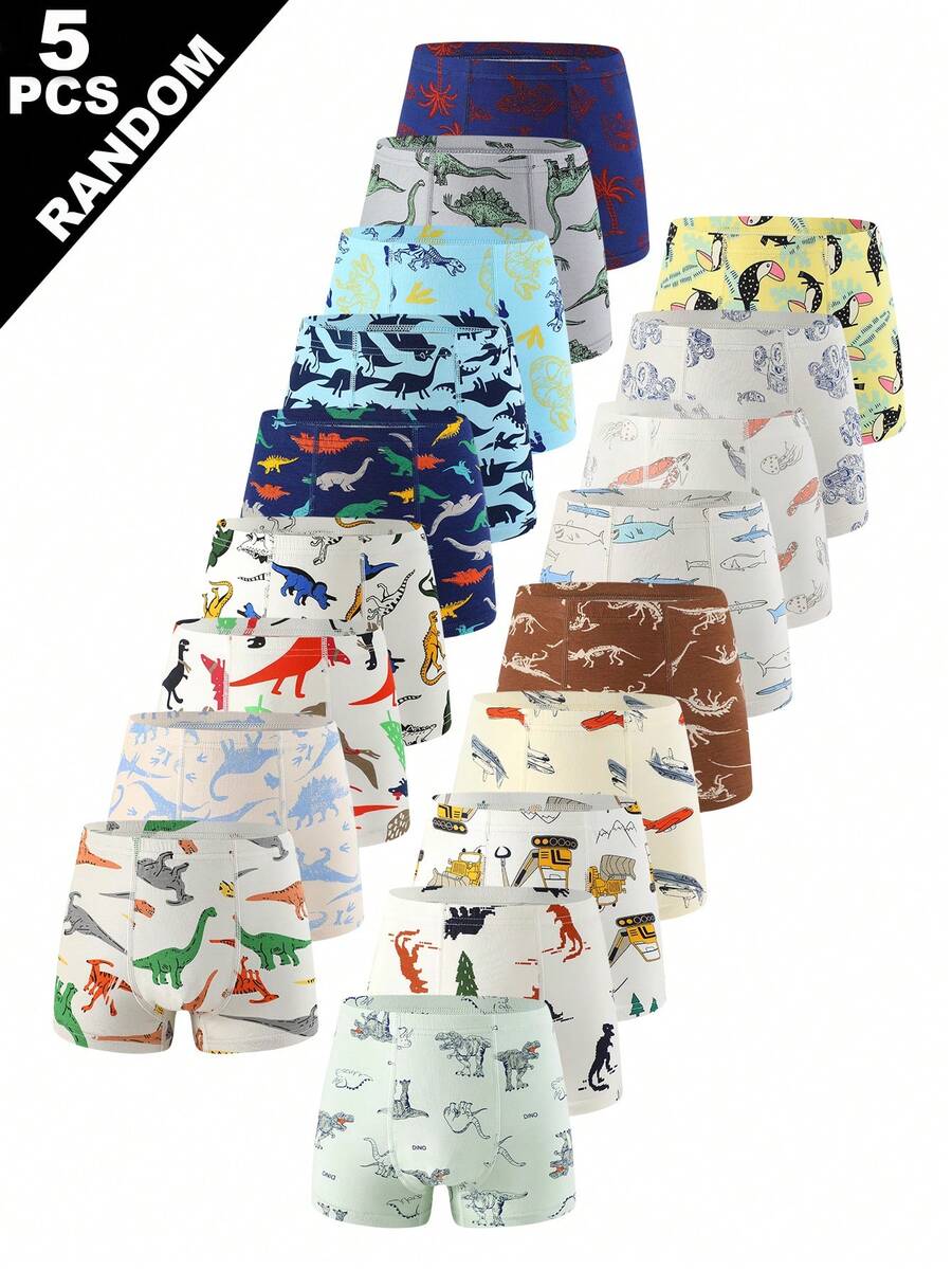 (5 Random Pieces) All-Season Boys Cool Dinosaur Print Cartoon Boxer Briefs Blind Box Style - Multicolor - View 1