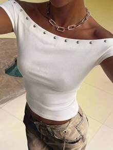 DAZY Women's Off-Shoulder Studded Trim Ribbed T-Shirt Y2k Sexy Club Night White Autumn - White - View 14