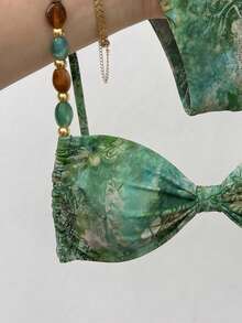 Elavelle Women's Spring/Summer Random Print Spaghetti Strap Beaded Decor Ruched Bikini Set Beach Vacation Green Tropical Sexy - Multicolor - View 6