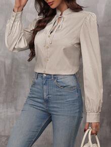 SHEIN LUNE 女士竖条纹印花泡泡袖衬衫、长袖上衣 - 卡其色 - 查看 4