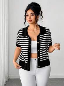 Elenzga Plus Size Fitted Commuter Minimalist Elegant Button Knit Cardigan Fall - Black and White - View 3