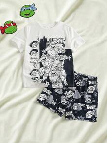 TEENAGE MUTANT NINJA TURTLES | SHEIN Tween Boy Cartoon Print Top And Shorts Loungewear - Black and White - View 1