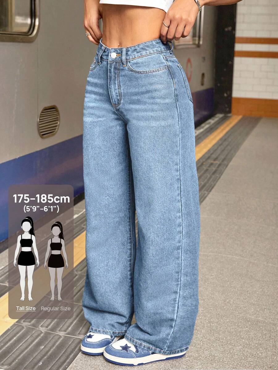 SHEIN Tall 女款休閒街頭風寬鬆直筒水洗牛仔褲,高腰寬腿鬆垮大廓形牛仔褲,淺藍色,適合夏季,高個女性 - 淺色水洗藍 - 查看 1