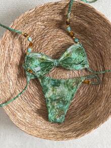 Elavelle Women's Spring/Summer Random Print Spaghetti Strap Beaded Decor Ruched Bikini Set Beach Vacation Green Tropical Sexy - Multicolor - View 4