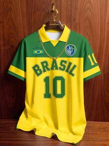 Aesthetic Post 復西隊風格黃綠拼色徽章印花足球短袖 Polo 衫，美國 BRASIL #10 印花翻領襯衫，男士圖案 T 恤，男士時尚休閒運動球衣上衣，足球，足球用品 - 彩色 - 查看 1