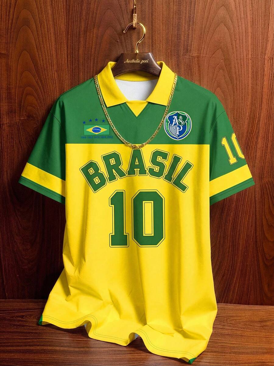 Aesthetic Post 復西隊風格黃綠拼色徽章印花足球短袖 Polo 衫,美國 BRASIL #10 印花翻領襯衫,男士圖案 T 恤,男士時尚休閒運動球衣上衣,足球,足球用品 - 彩色 - 查看 1