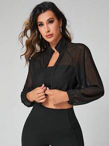 SHEIN Sports Cazadora deportiva con cremallera crop de malla - Negro - Ver 5