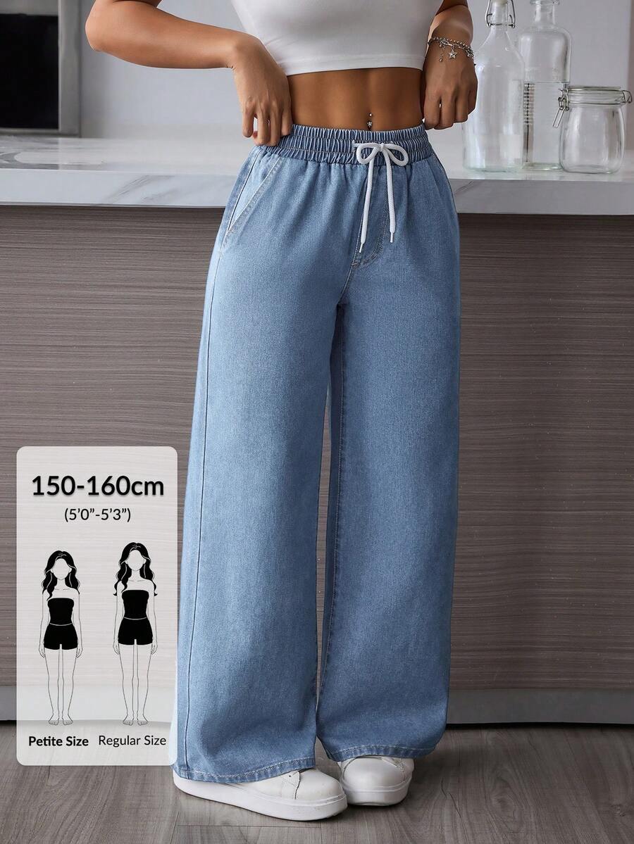 SHEIN PETITE 女款休閒抽繩腰直筒水洗牛仔褲,小碼女款 - 藍色 - 查看 1