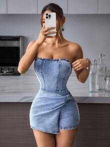 SHEIN PETITE 女款不對稱下擺扭轉式抹胸設計牛仔連身褲，適合嬌小女性 - 藍色 - 查看 3