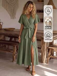 Louniche Women's Solid Color Casual Tropical Vacation Comfortable Dress, Spring/Summer Overlap V-Neck Ruffle Sleeve, Waist Tie Hem Slit Brunch Sage Green - Army Green - View 5