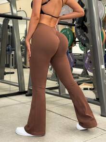 Slayform Slayform 1pc Regular Flare Leggings / V-Waist Design / Basic Style / Brown / Sports Flare Leggings / Fitness / Yoga Seamless - Brown - View 4
