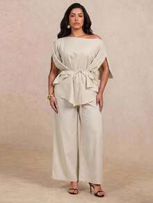 Juhart Plus Size Women's Casual Elegant Daily 2 Pieces Set With Top And Wide Leg Pants Autumn Dinner Cocktail Grey Brunch Party - Apricot - View 7