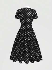 SHEIN 少女休閒復古通勤時尚 Polo 領撞色翻領短袖長洋裝 返校季童裝 - 黑與白 - 查看 5
