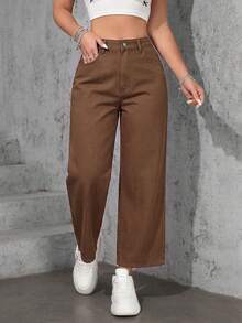 SHEIN ICON 大尺碼女款街頭休閒淺藍色無彈力牛仔直筒長褲 - 棕色 - 查看 3