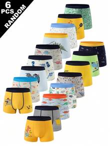 6 piezas surtido aleatorio de calzoncillos tipo bóxer cómodos con estampado de dinosaurio monstruo de dibujos animados lindos para niños - Multicolor - Ver 5