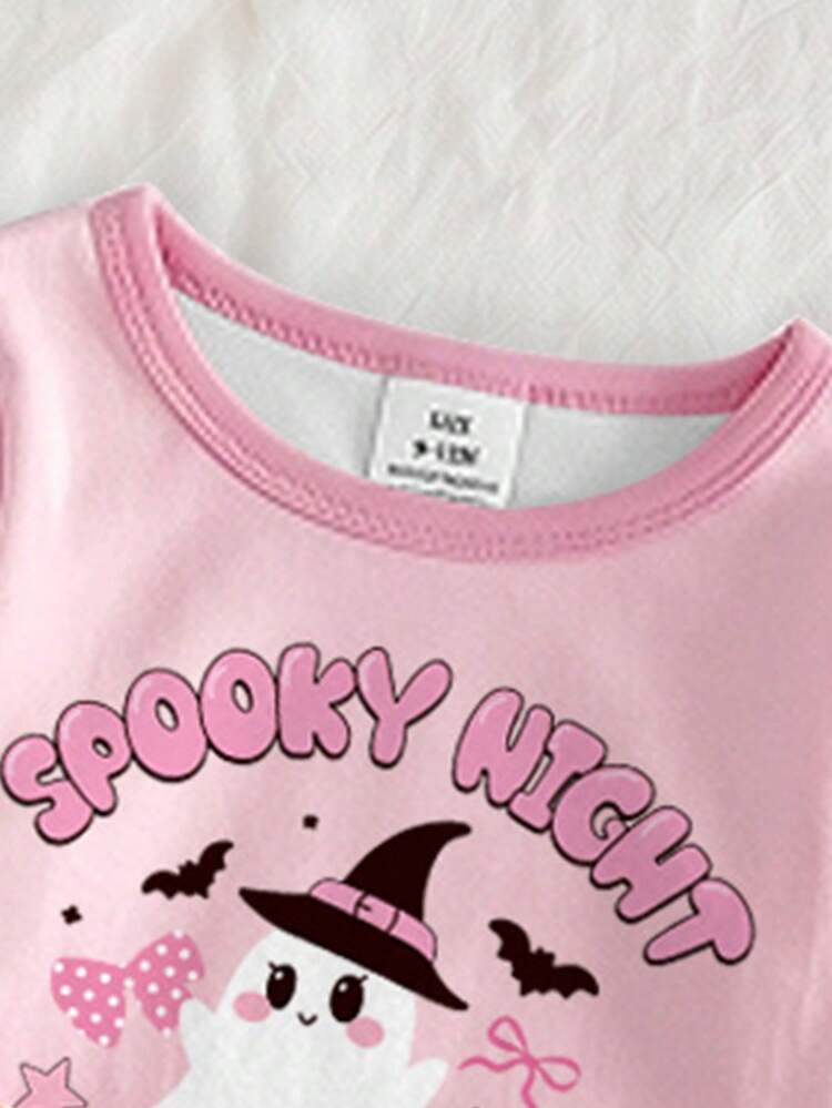 SHEIN Young Girls Pajamas New Halloween Fashion Cute Cartoon Bow Ghost Print Knit High Elastic Round Neck Long Sleeve Snug Fit Birthday Pink Autumn Princess - Multicolor - View 3