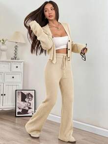 SHEIN EZwear 女款純色V領單排扣長袖上衣與長褲針織兩件套 - 杏色 - 查看 4