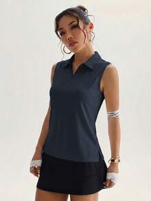 CourtClass CourtClass 女款運動瑜珈戶外健身 Polo 衫，無袖，半拉鍊，開衩下擺 - 藏蓝色 - 查看 4
