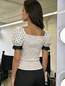 SHEIN PariChic 黑白蕾絲拼接蝴蝶結百褶花苞蕾絲拼接袖女款襯衫 - 黑與白 - 查看 2