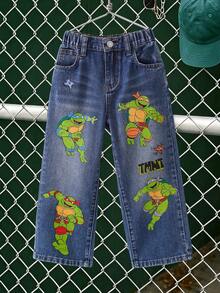 TEENAGE MUTANT NINJA TURTLES | SHEIN Young Boy Casual Washed Cartoon Print Denim Jeans - Blue - View 3
