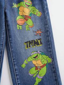 TEENAGE MUTANT NINJA TURTLES | SHEIN Young Boy Casual Washed Cartoon Print Denim Jeans - Blue - View 6