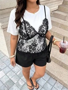 Vionelle Women's Plus Size Short Sleeve T-Shirt With Lace Straps And Ruffles, Elegant Exquisite Apparel, Vacation Commuting, Wedding Guest - Black and White - View 3