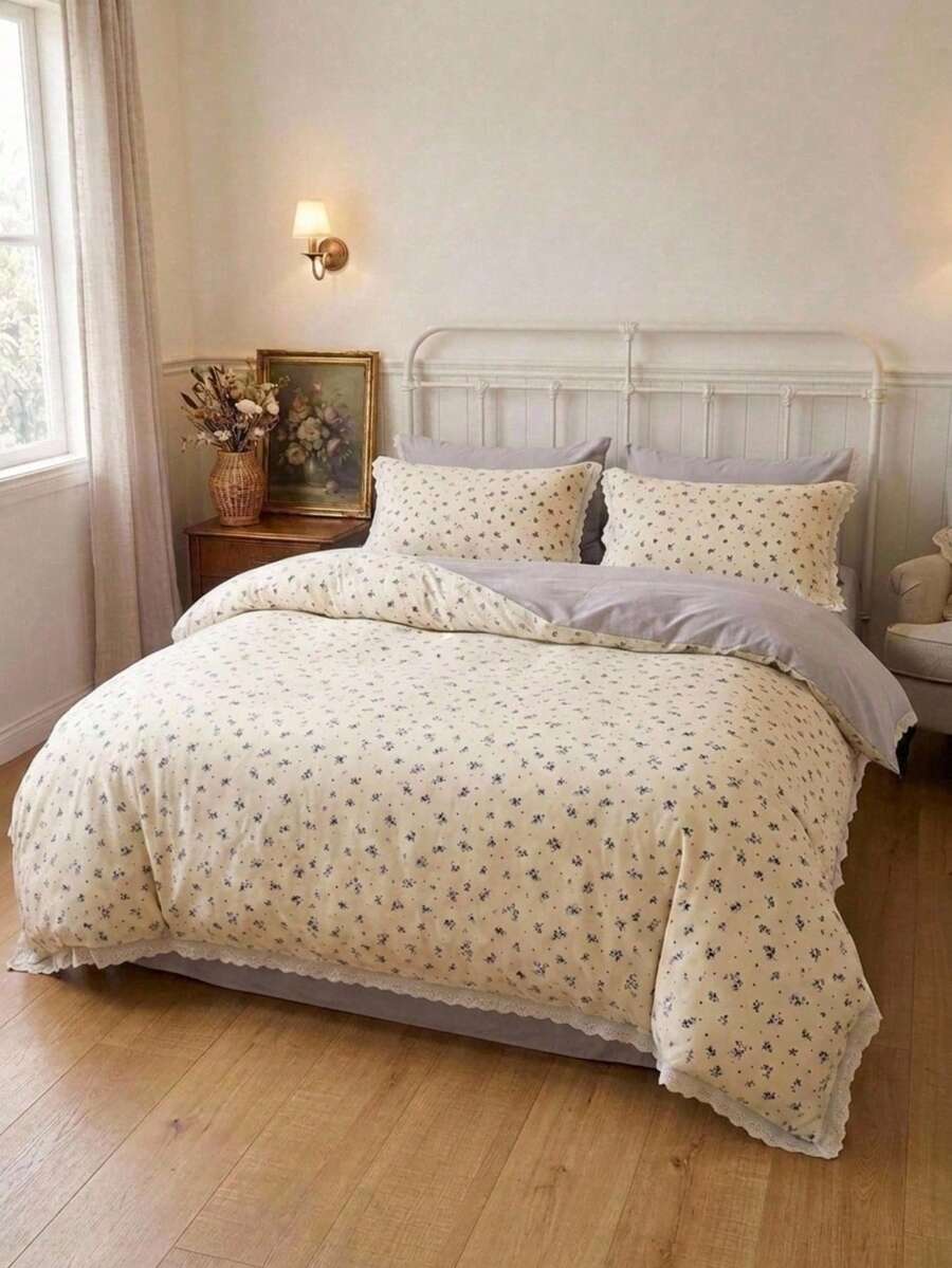 Cirelle 3pcs Vintage Blue Floral Duvet Cover Set With Lace Trim, Shabby Chic Butter White Bedding Set, Soft Microfiber Quilt Cover And Pillow Shams, Cottagecore Bedroom Decor (No Insert) - 5 - View 1