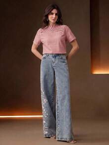 Anewsta 優雅度假風領口拼接葉片蕾絲白色短袖女款T恤 - 藕粉色 - 查看 6