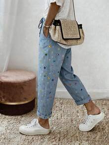 RIVANDRE Celana Panjang Wanita Kasual untuk Liburan dengan Motif Denim - Biru - View 3