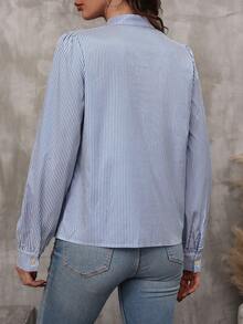 SHEIN LUNE 条纹印花系带灯笼袖衬衫、长袖上衣 - 藏蓝色 - 查看 2