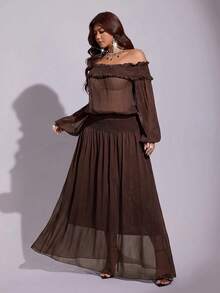 Viva Relle Plus Size Women's Sheer Off-Shoulder Sexy Elegant Dress Fall - Brown - View 5