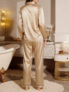 LuxeNights Contrast Binding Satin Pyjama Set - Champagne - View 2
