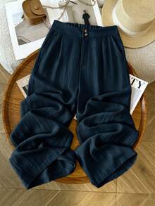 Trelyra Women's Casual Loose Solid Color Long Pants - Navy Blue - View 5