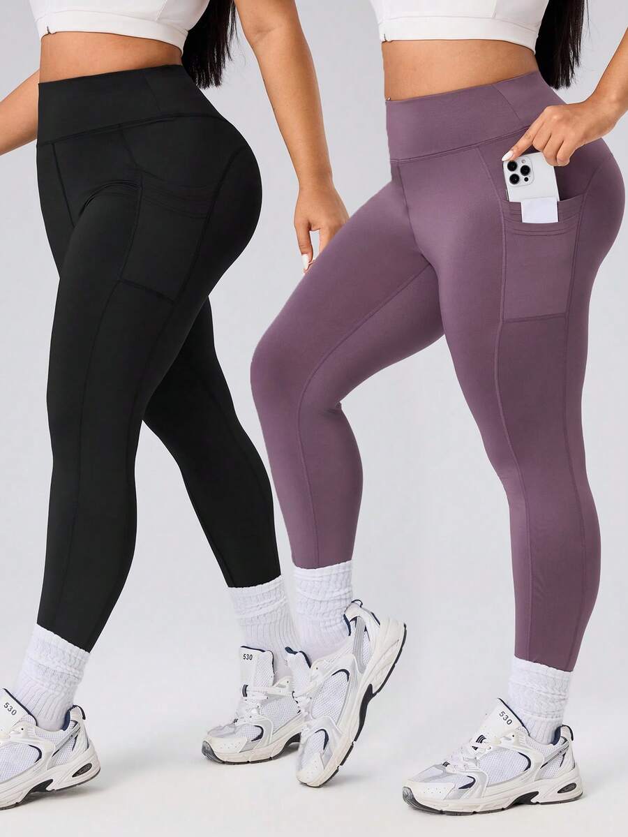 SHEIN Rhythm Era مجموعة سراويل يوغا رياضية للنساء بمقاسات كبيرة، مناسبة للتمارين الخارجية والجيم واللياقة البدنية، خفيفة الوزن مع خط M، تصميم يبرز المؤخرة، بطبعة نقاط بولكا، مع جيوب جانبية - متعدد الألوان - مشاهدة 1