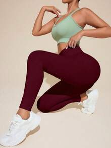 Gameset SHEIN Sport 女款純色高腰休閒百搭日常旅行運動緊身內搭褲 - 酒紅色 - 查看 3