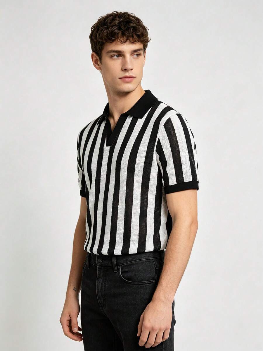 EGENSIO Kemeja Polo Pria Lengan Pendek Bergaris Hitam Putih dengan Desain Blok Warna - Hitam - View 1