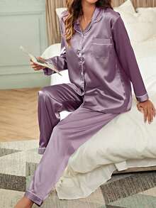 LuxeNights Contrast Binding Button Up Satin Pyjama Set - Mauve Purple - View 5